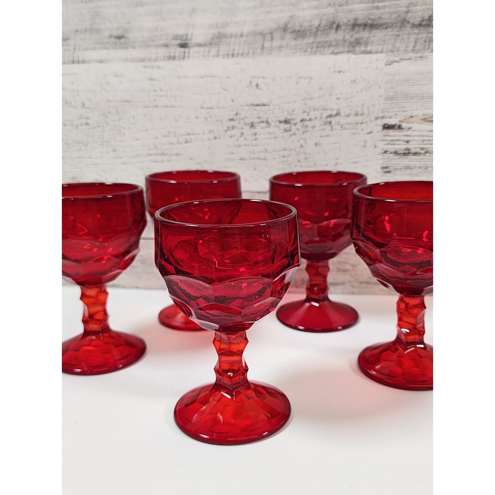 Vintage Ruby Red Glassware Set 6pc Red Vintage Goblets and Plate Excellent - Picture 5 of 8